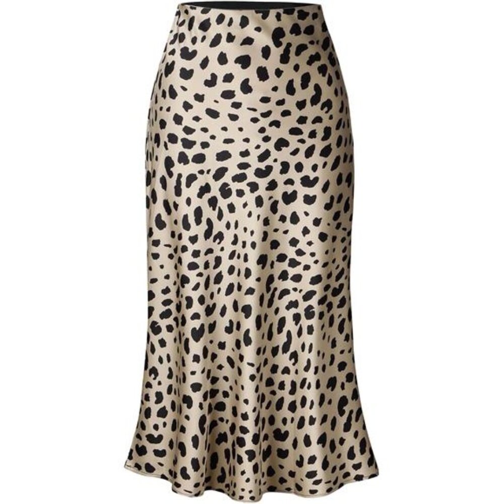 Leopard Midi Skirt for Women High Waist Silk Satin Elastic Cheetah Casual Skirt